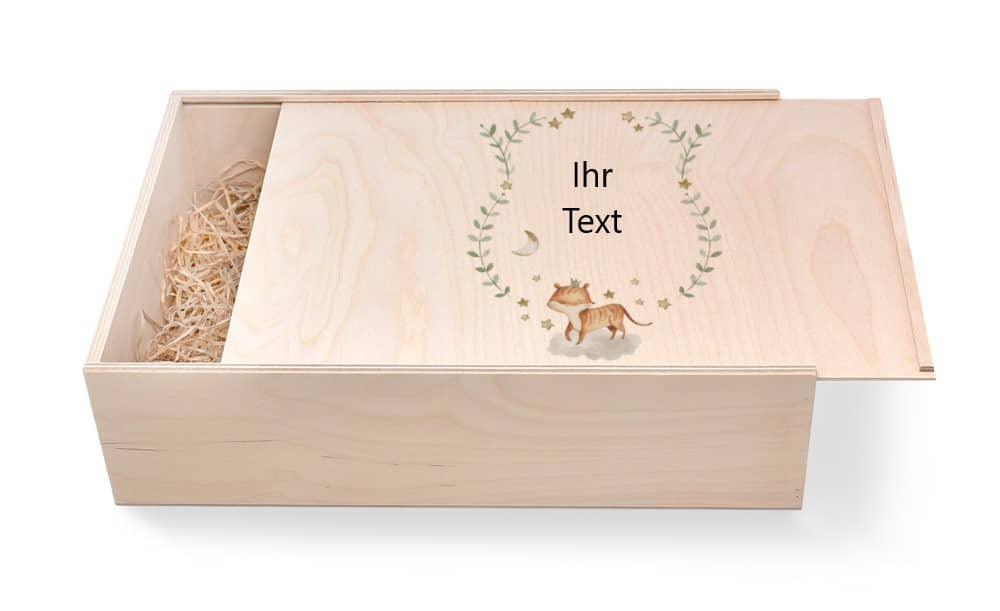 Geschenkbox aus Holz zur Taufe oder Geburt. Motiv: Fuchs zur Taufe günstig in unserem Onlineshop kaufen. Personalisierte Geschenke online kaufen