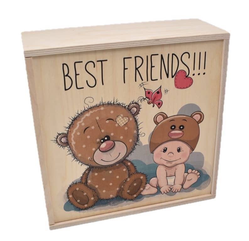 Geschenkbox "Best Friends" aus Holz verzierten Holz-Schiebedeckel Innen = 240 x 240 x 90 mm