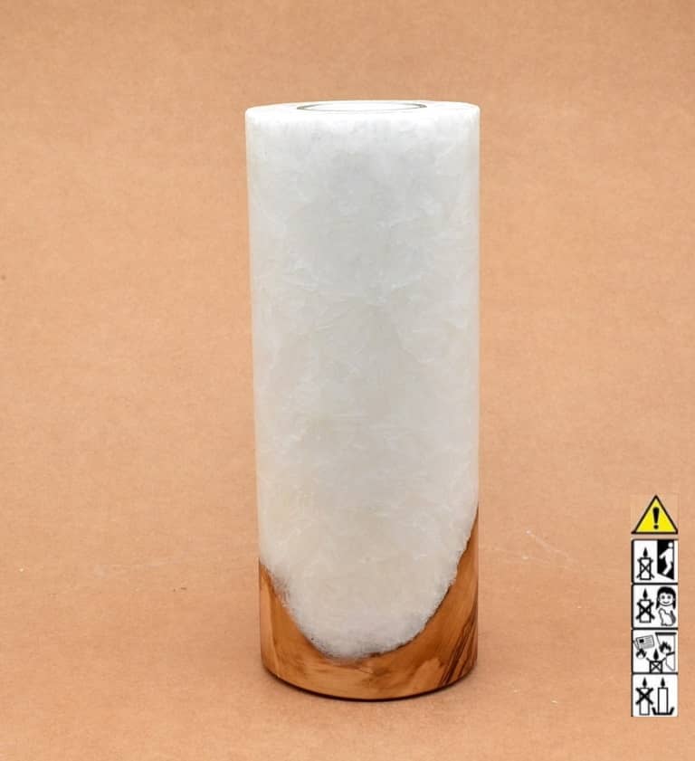 Kerze 80x200mm mit Holzelement, Individuelle, persönliche Hochzeitskerze  Holzkerze, Rund Stearinoptik, Hochzeitskerze mit Teelicht im Kerzen online Shop für Hochzeiten bestellen, günstig kaufen.