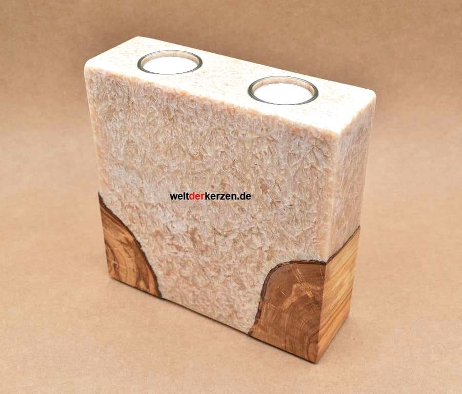 Kerze mit Holzelement, Unikat Holzkerze, Rund Stearinoptik, Kerze mit Teelicht Nummer 164