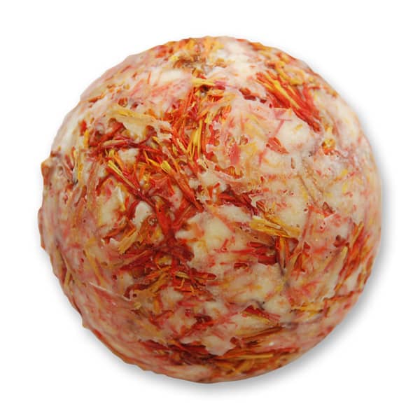 Badebutter-Kugel mit Schafmilch 50g mit Bestreuung Saflorblüten und Duft Granatapfel verpackt in Cellobox
