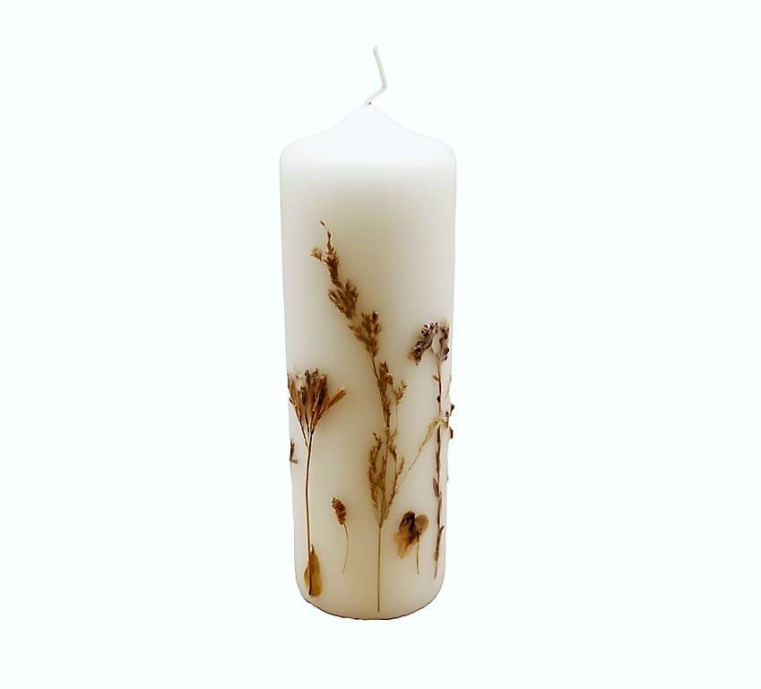 Hochwertige Kerze handgefertigt mit Blumendekor Ø70 x 220 mm rund