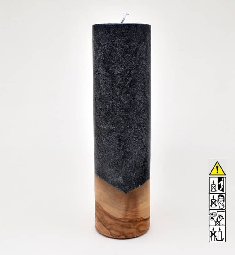 Kerze mit Holz Unikat Rund 70 x 250 mm mit Docht in schwarz