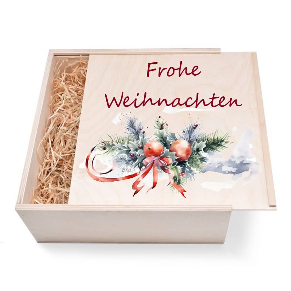 "Frohe Weihnachten mit Zweig" Geschenkbox aus Holz mit verzierten Deckel Innen = 24/24/9 cm