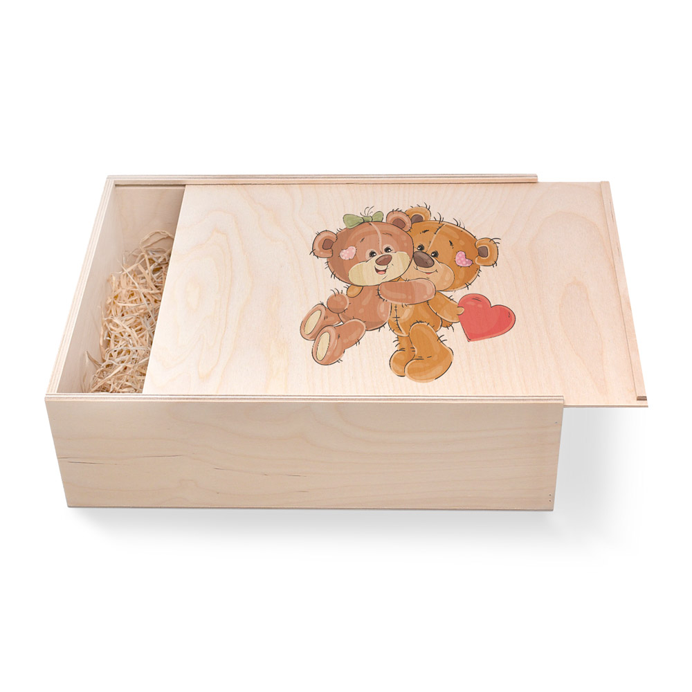 Große Geschenkbox aus Holz zum Geburtstag. Teddybären. Ideal als Geschenkbox für Männer oder Frauen. Geschenkbox groß individuell angefertigt. Online bestellen im Geschenke Online-Shop.