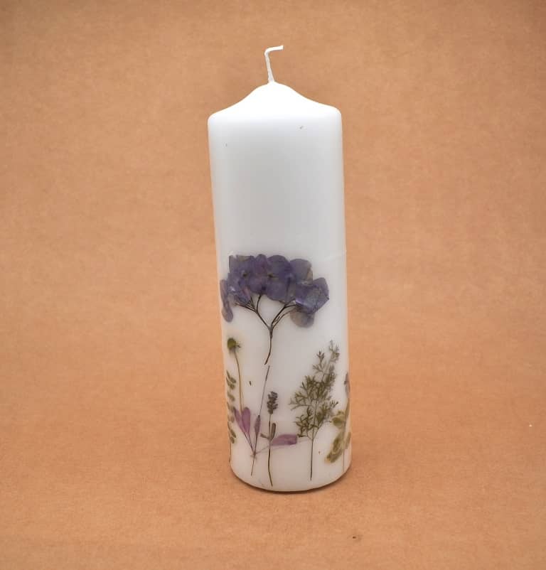 Kerze mit Blumen handgefertigt Stumpen Ø 80 x 250 mm rund