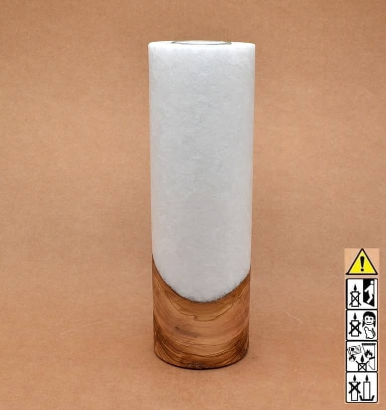 Kerze 80x250mm mit Holzelement, Individuelle, persönliche Hochzeitskerze  Holzkerze, Rund Stearinoptik, Hochzeitskerze mit Teelicht im Kerzen online Shop für Hochzeiten bestellen, günstig kaufen.