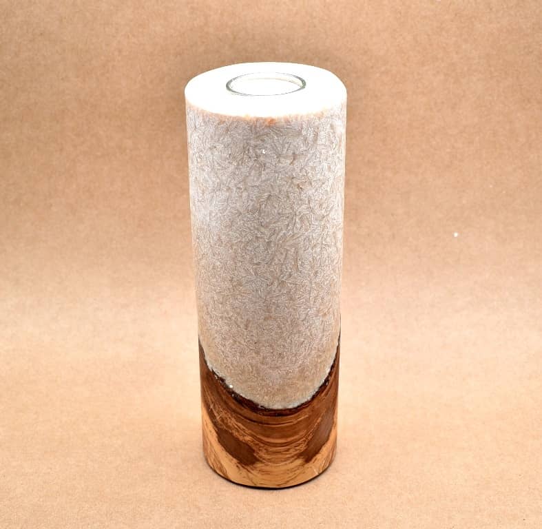 Kerze mit Holz Unikat Rund 90 x 250 mm in beige