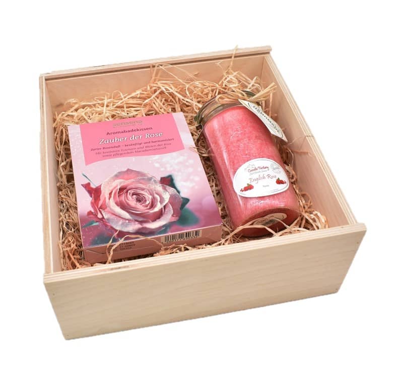 Bade Geschenkset mit English Rose Mini Jumbo von Candle Factory in Geschenkbox aus Holz