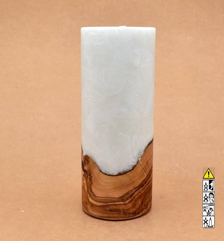 Kerze 80x200mm mit Holzelement, Individuelle, persönliche Hochzeitskerze  Holzkerze, Rund Stearinoptik, Hochzeitskerze mit Teelicht im Kerzen online Shop für Hochzeiten bestellen, günstig kaufen.