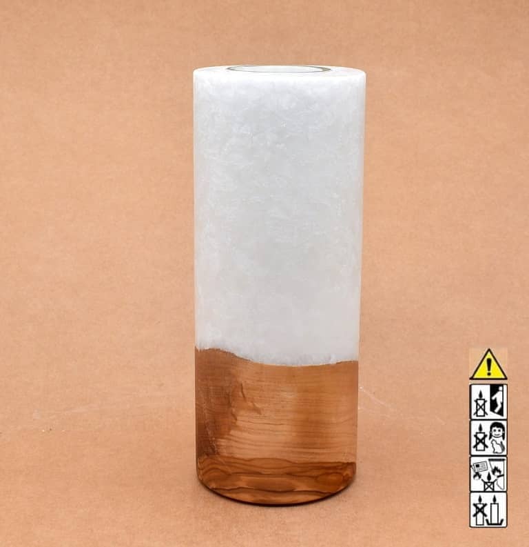 Kerze 80x200mm mit Holzelement, Individuelle, persönliche Hochzeitskerze  Holzkerze, Rund Stearinoptik, Hochzeitskerze mit Teelicht im Kerzen online Shop für Hochzeiten bestellen, günstig kaufen.