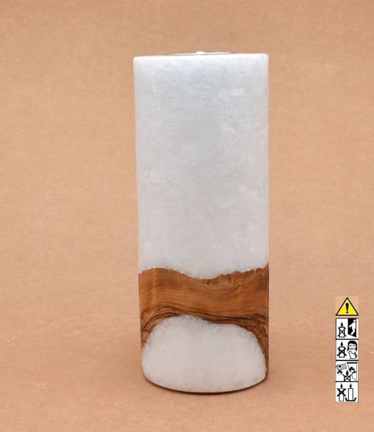 Kerze 80x200mm mit Holzelement, Individuelle, persönliche Hochzeitskerze  Holzkerze, Rund Stearinoptik, Hochzeitskerze mit Teelicht im Kerzen online Shop für Hochzeiten bestellen, günstig kaufen.