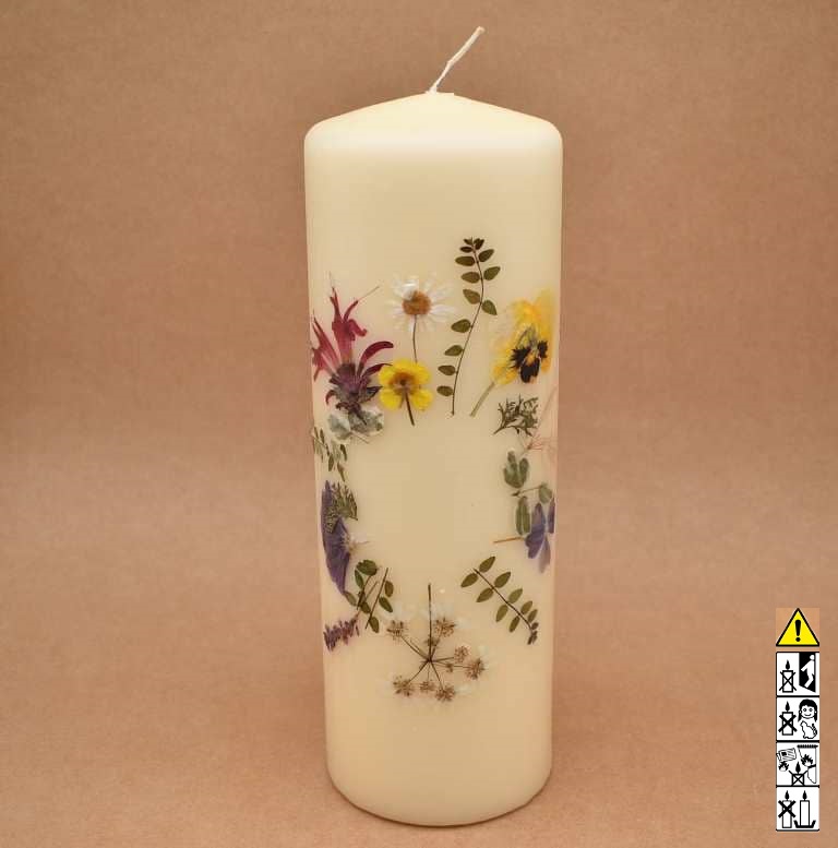 Kerze mit Blumen handgefertigt Stumpen Ø 100 x 300 mm rund Kerze mit Blumen handgefertigt Stumpen Ø 100 x 300 mm rund
