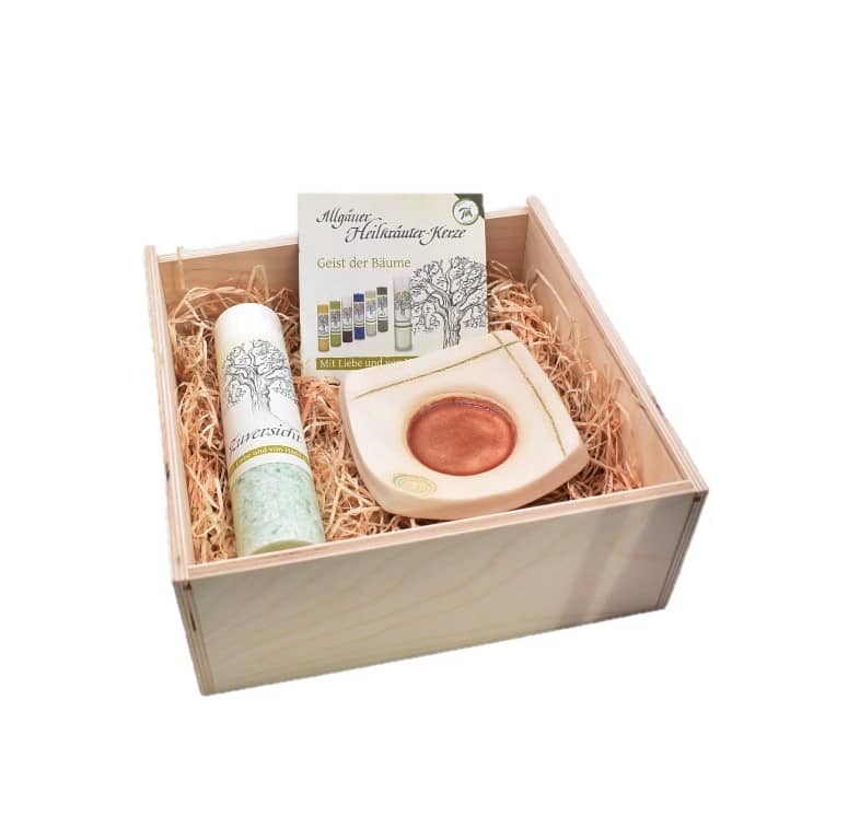 Geschenkset Allgäuer Heilkräuterkerze Zuversicht mit Keramik Kerzenständer in Geschenkbox aus Holz. Als Geschenk für Sie oder Ihn. 100% Vegane Kerze. Hergestellt aus Olivenöl.