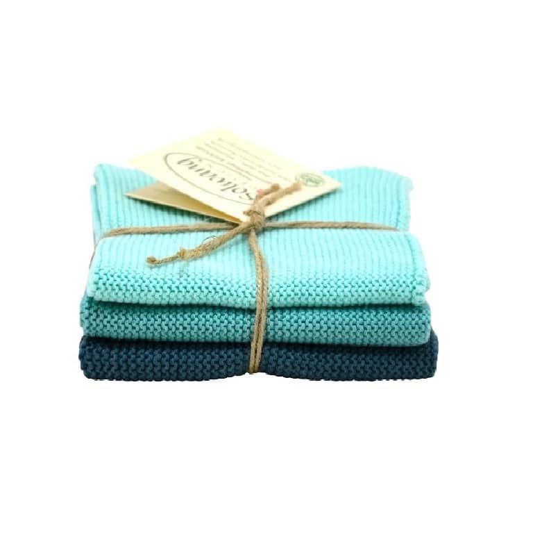 Solwang Wischtuch 3er Set 25 x 25 cm Baumwolle gestrickt. Helles Azur Kombi BIO