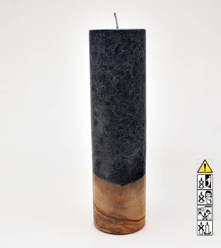 Kerze mit Holz Unikat Rund 70 x 250 mm mit Docht in schwarz