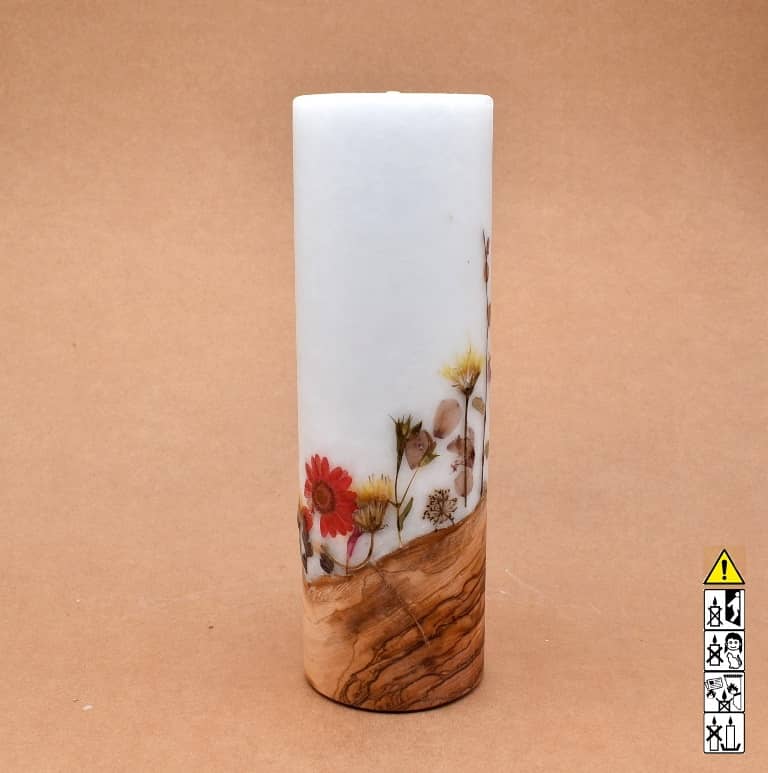Blumendekor handgefertigt Stumpen Ø 80 x 250 mm mit Holz und Teelicht