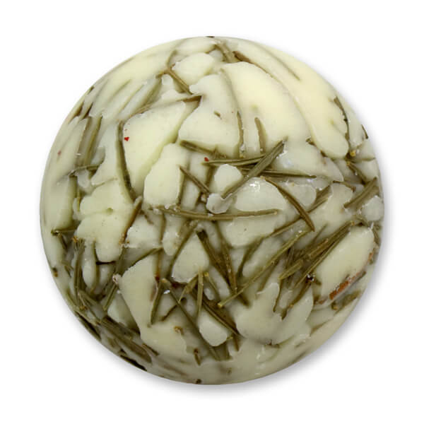 Badebutter-Kugel mit Schafmilch 50g mit Bestreuung Fichtennadeln und Duft Zirbe verpackt in Cellobox Badebutter-Kugel mit Schafmilch 50g mit Bestreuung Fichtennadeln und Duft Zirbe verpackt in Cellobox
