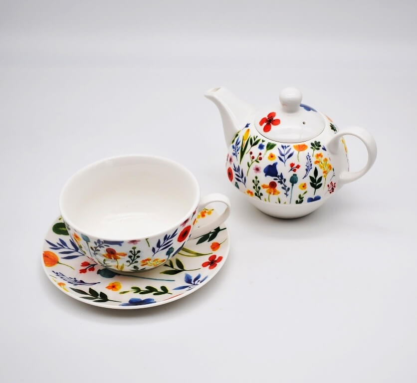 Teetasse mit Teekanne zum zuammenstellen buntes Blumenmuster Decor, Geschenkidee online kaufen