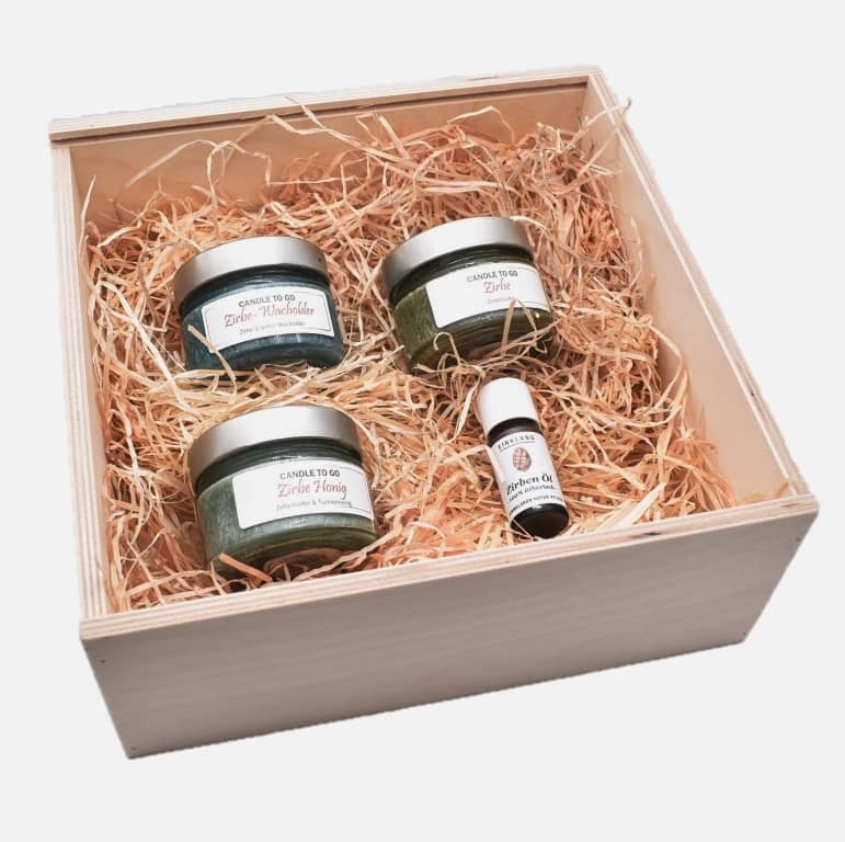 Geschenk-Set "Zirben Duftauswahl" in Geschenkbox aus Holz