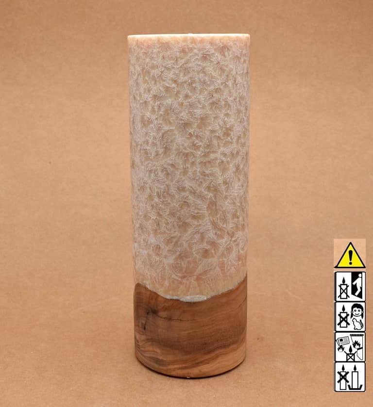 Kerze mit Holz Unikat Rund 90 x 250 mm mit Teelicht in beige Nr.: 3