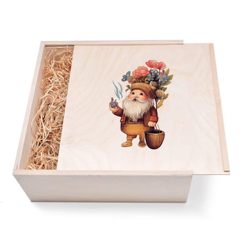 Zwergen Geschenkbox groß aus Holz mit verzierten Deckel. Jetzt in unserem Geschenke Onlineshop kaufen.