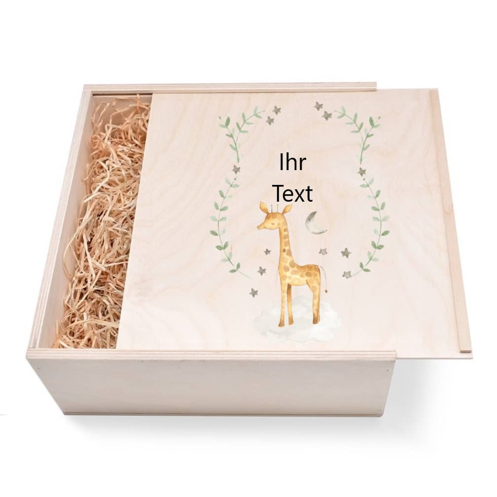 Geschenkbox aus Holz zur Taufe oder Geburt. Motiv: Giraffe zur Taufe günstig in unserem Onlineshop kaufen. Personalisierte Geschenke online kaufen