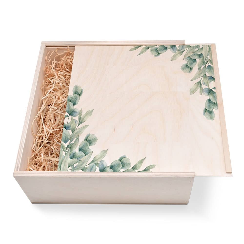 Geschenkbox aus Holz selbst gestalten. Motiv: Blätter günstig in unserem Onlineshop kaufen. Personalisierte Geschenke online kaufen