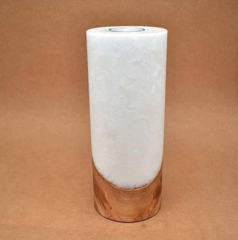 Kerze mit Holz Unikat Rund 100x250mm mit Teelicht. Jetzt in unserem Geschenke Onlineshop kaufen.