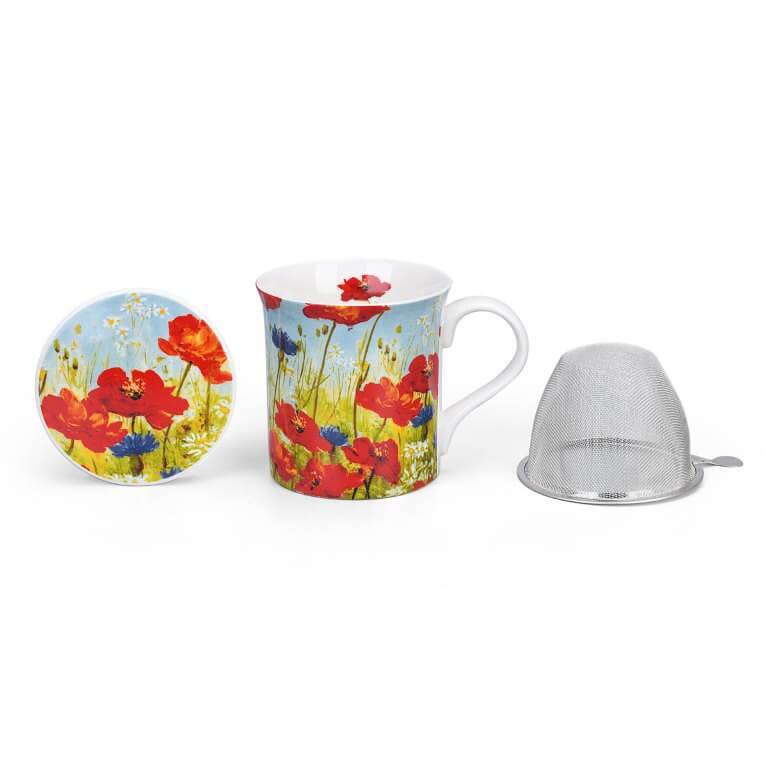 Tasse mit Teesieb, und Deckel, Mohnblumen besonders große Mohnblumen vor schönem Hintergrund