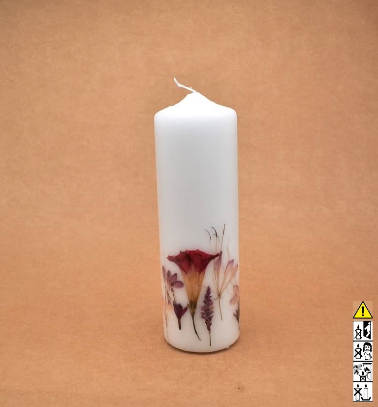 Kerze mit Blumen handgefertigt Stumpen Ø 70 x 230 mm rund Kerze mit Blumen handgefertigt Stumpen Ø 70 x 230 mm rund