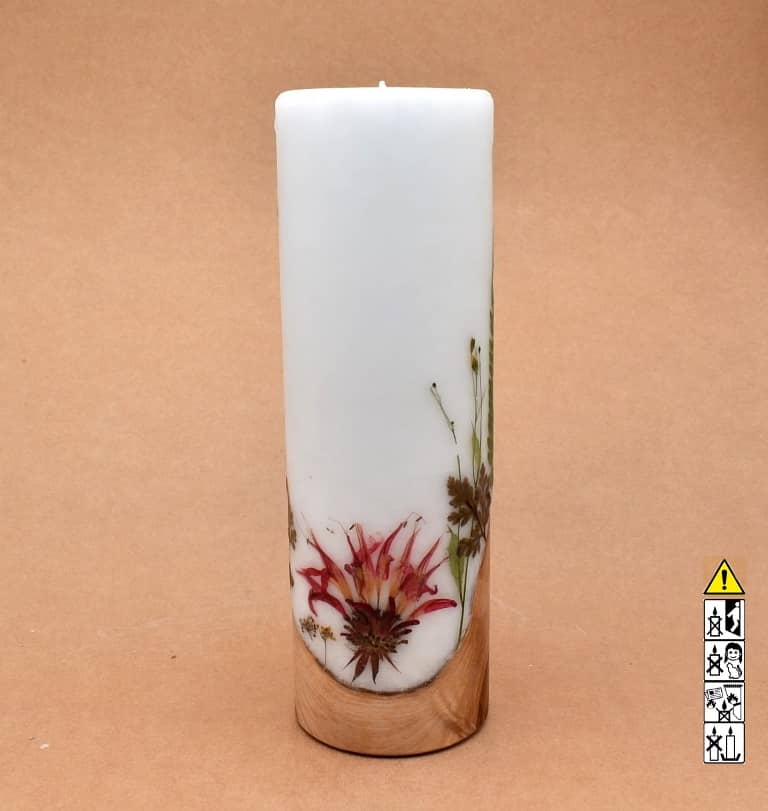 Blumendekor handgefertigt Stumpen Ø 80 x 250 mm mit Holz und Teelicht
