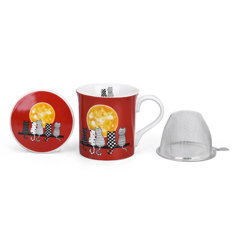 Tasse mit Teesieb, Katze im Mond Tasse mit Teesieb, und Deckel, Katze im Mond, Rot mit Gelbgold und vier Katzen