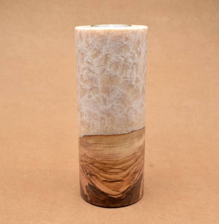 Kerze mit Holz Unikat Rund 80 x 200 mm mit Teelicht in beige Nr.: 2