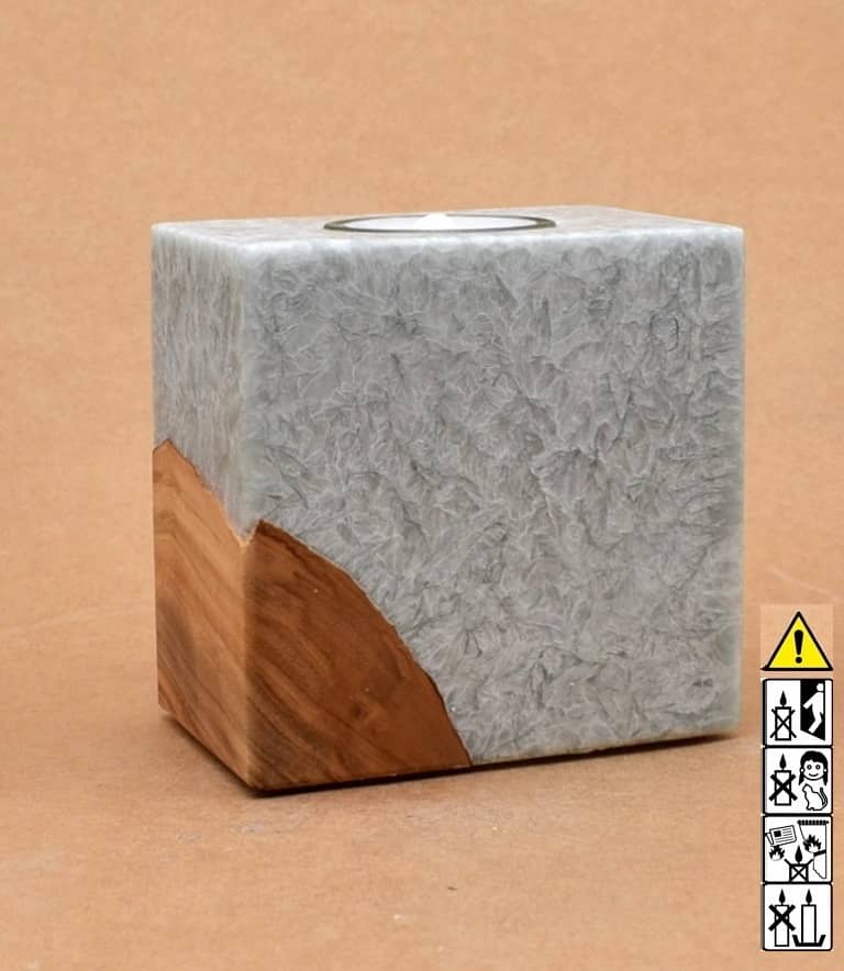 Kerze mit Holz Unikat Quader 70 x 100 x 100 mm 1 x Teelicht in sibergrau