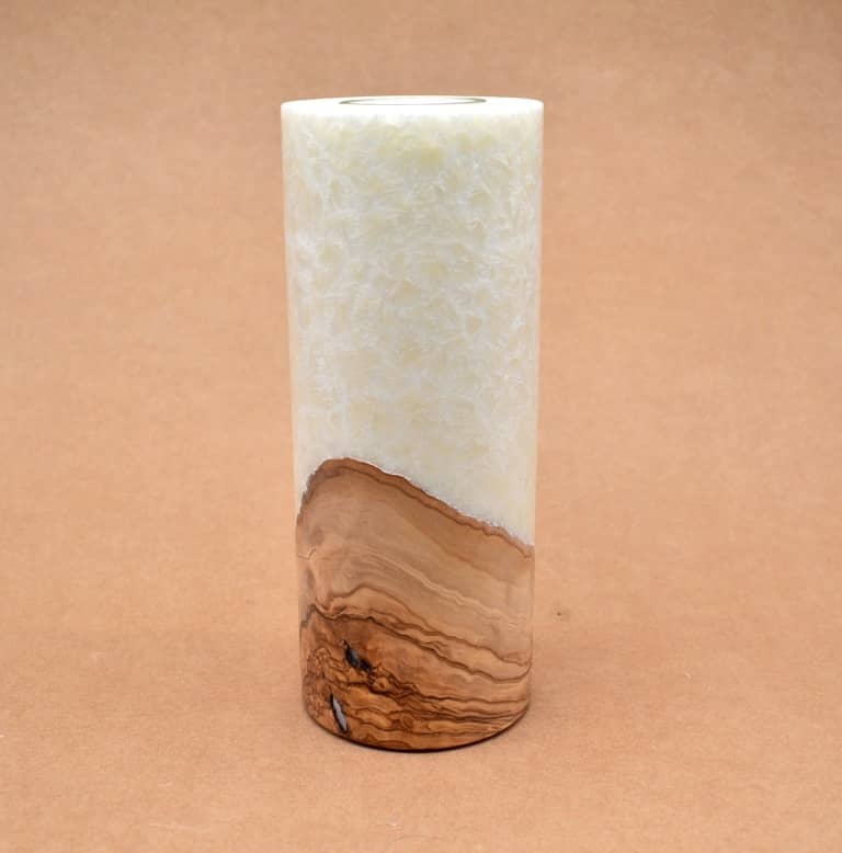 Kerze mit Holz Unikat Rund 80 x 200 mm mit Teelicht in champagner Nr.: 3