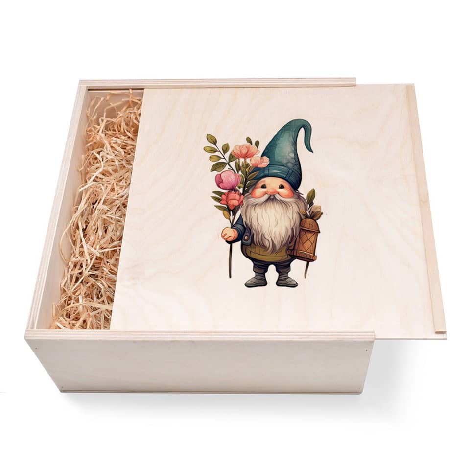 Zwergen Geschenkbox groß aus Holz mit verzierten Deckel. Jetzt in unserem Geschenke Onlineshop kaufen.