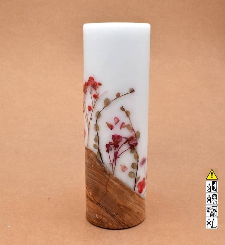 Blumendekor handgefertigt Stumpen Ø 80 x 250 mm mit Holz und Teelicht