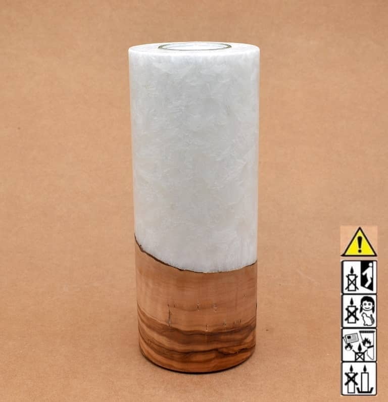 Kerze 80x200mm mit Holzelement, Individuelle, persönliche Hochzeitskerze  Holzkerze, Rund Stearinoptik, Hochzeitskerze mit Teelicht im Kerzen online Shop für Hochzeiten bestellen, günstig kaufen.