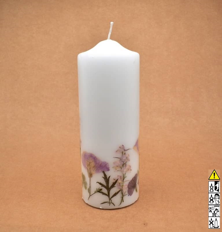 Kerze mit Blumen handgefertigt Stumpen Ø 90 x 250 mm rund Kerze mit Blumen handgefertigt Stumpen Ø 90 x 250 mm rund