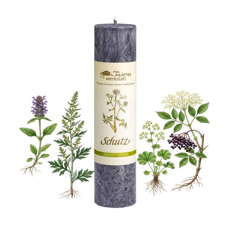 Allgäuer Heilkräuterkerze zum Thema Schutz in unserem Kerzen Online Shop kaufen. Als Geschenk für Sie oder Ihn. 100% Vegane Kerze. Hergestellt aus Olivenöl.