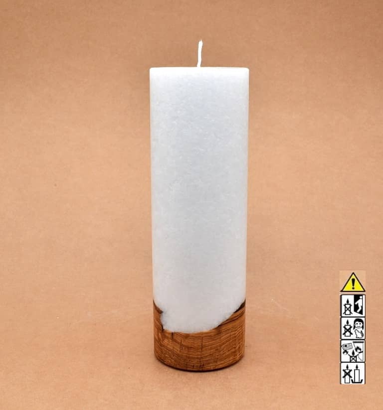 Kerze 80x250mm mit Holzelement, Individuelle, persönliche Hochzeitskerze  Holzkerze, Rund Stearinoptik, Hochzeitskerze mit Teelicht im Kerzen online Shop für Hochzeiten bestellen, günstig kaufen.
