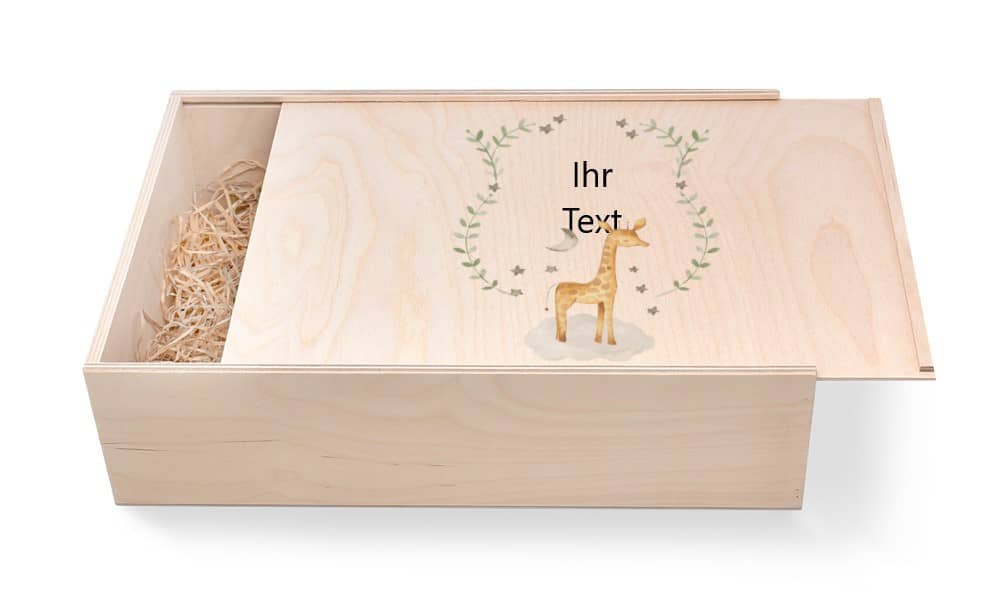 Geschenkbox aus Holz zur Taufe oder Geburt. Motiv: Giraffe zur Taufe günstig in unserem Onlineshop kaufen. Personalisierte Geschenke online kaufen