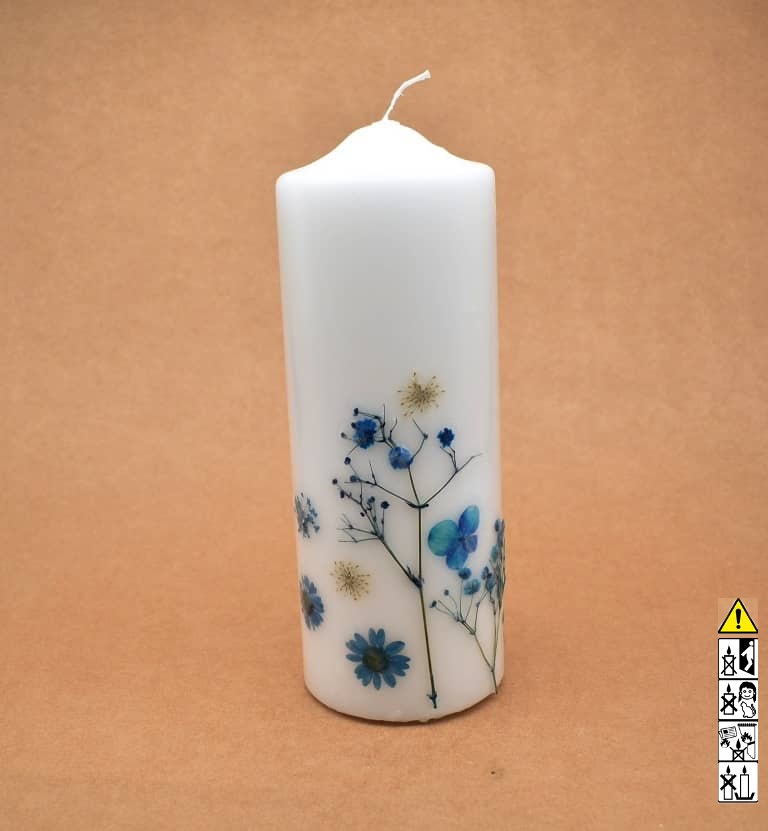 Kerze mit Blumen handgefertigt Stumpen Ø 90 x 250 mm rund Kerze mit Blumen handgefertigt Stumpen Ø 90 x 250 mm rund