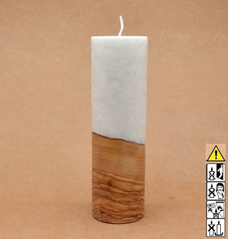 Liebliche Kerze mit Holz Unikat Rund 60 x 200 mm mit Docht Nr.: 2