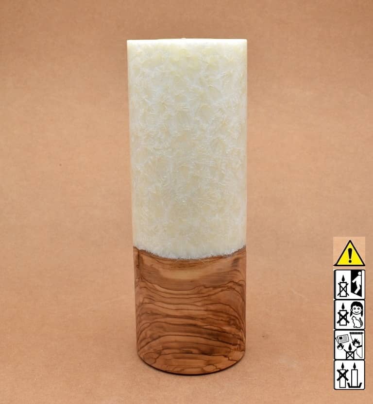 Kerze mit Holz Unikat Rund 90 x 250 mm mit Teelicht in elfenbein Nr.: 2