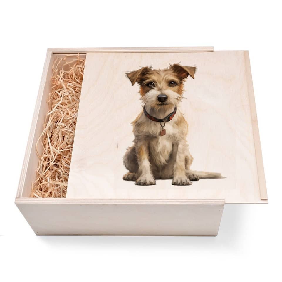 Hunde Geschenkbox groß aus Holz mit verzierten Deckel. Jetzt in unserem Geschenke Onlineshop kaufen.