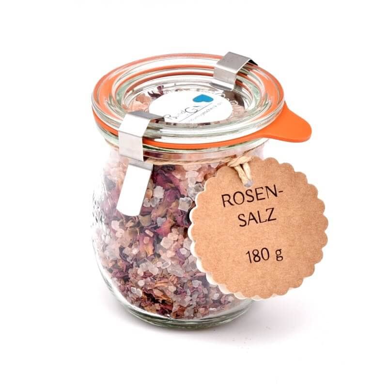 Rosensalz Weck Glas 180g Salzkristalle mit Rosenblüten veredelt, in unserem online Shop kaufen