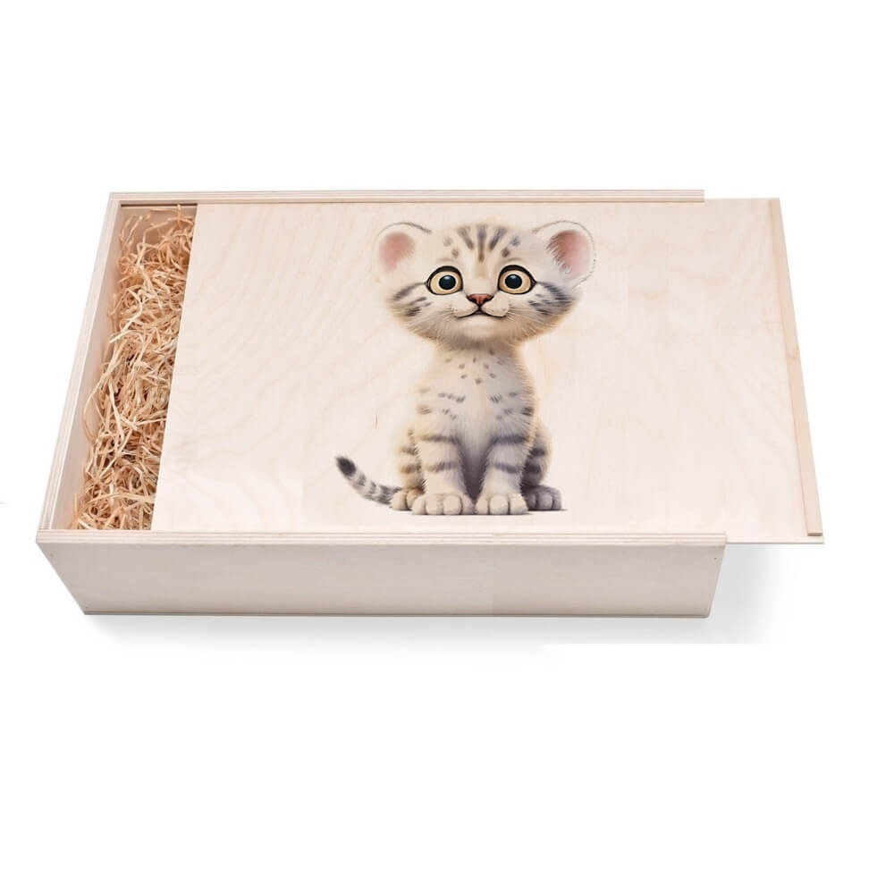 "Katze 1 - American Curl - Baby" Geschenkbox groß aus Holz mit verzierten Deckel. Jetzt in unserem Geschenke Onlineshop kaufen.