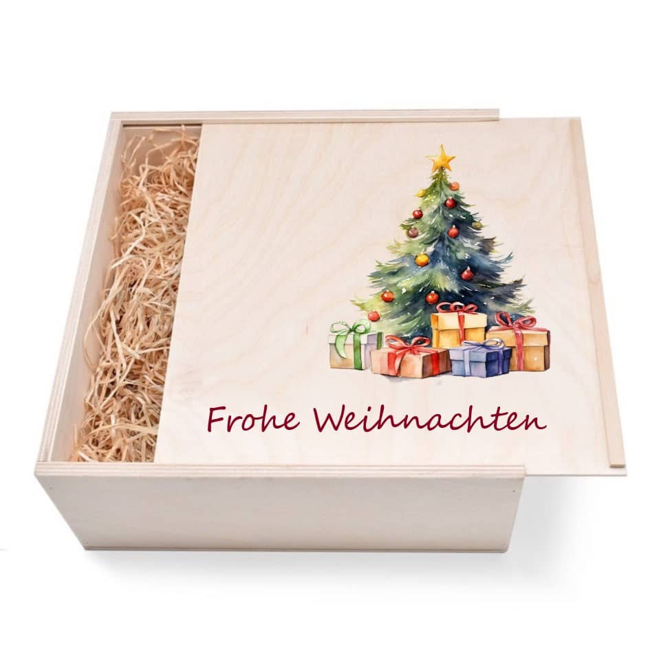 "Frohe Weihnachten mit Baum" Geschenkbox aus Holz mit verzierten Deckel Innen = 24/24/9 cm